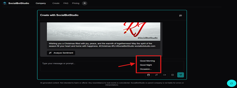 Dropdown menu showing Good Morning, Good Night, and Occasion options.