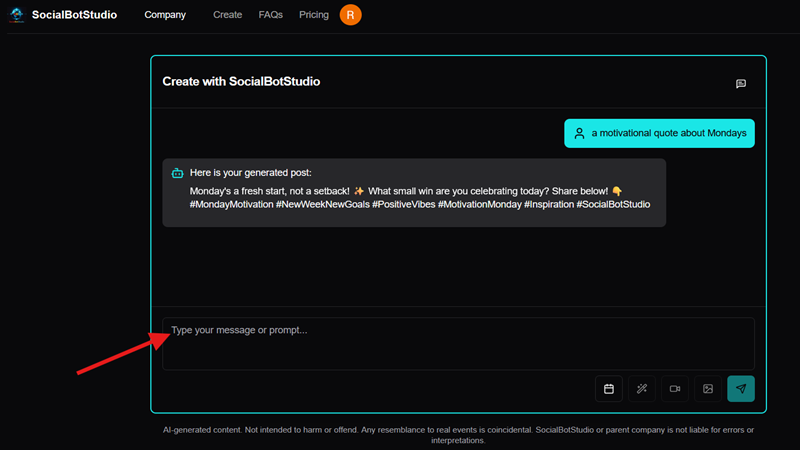 Chat interface showing a prompt being typed and an arrow pointing to the send button.
